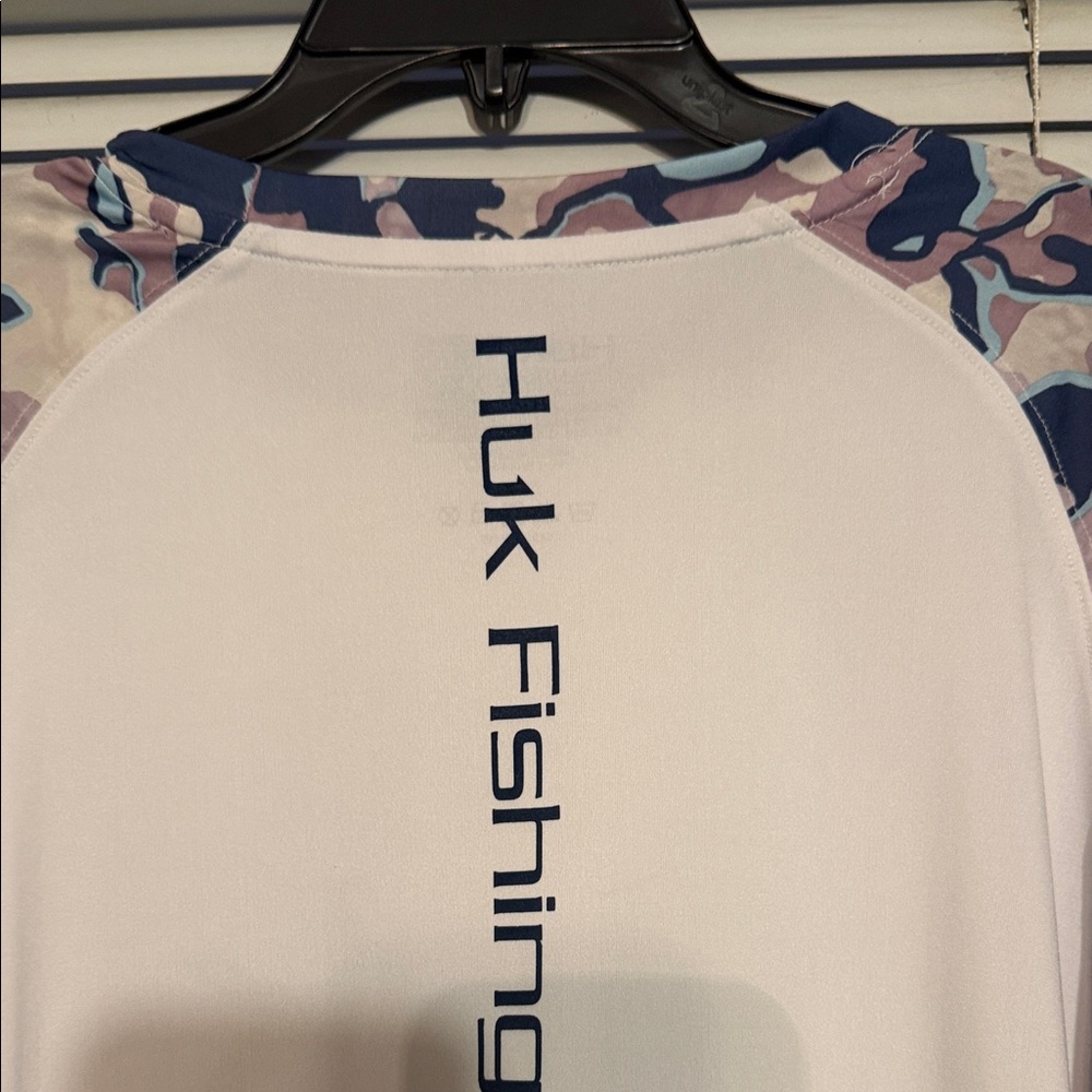 Huk Fishing Shirt White with Blue and Pink Sleeves - Picture 4 of 6